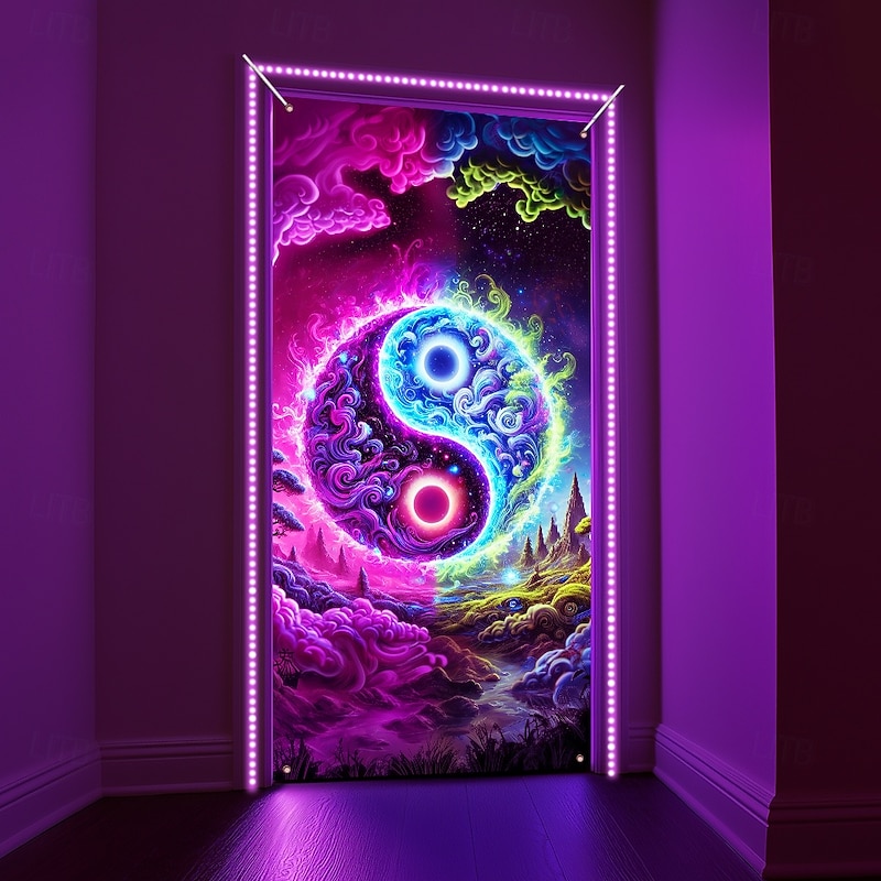 Blacklight Door Decorations Door Covers Glow in the Dark Taichi Zen Door Tapestry Door Curtain Decoration Backdrop Indoor/Outdoor Door Banner for Front Door Farmhouse