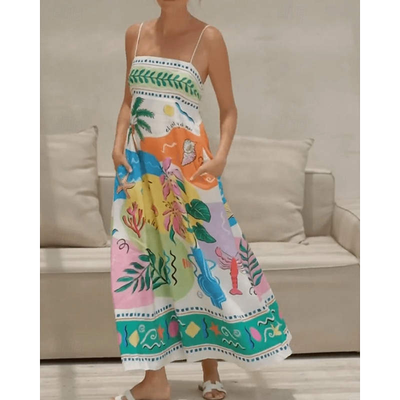 Women's Long Dress Maxi Dress Casual Dress Summer Dress Slip Dress Fashion Outdoor Holiday Date Regular Fit Painting Sleeveless Spaghetti Strap Green Summer Spring