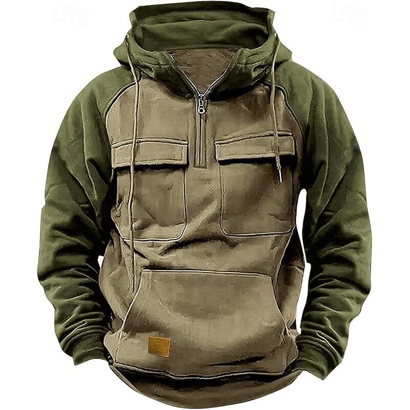 Men's Hoodie Quarter Zip Hoodie Tactical Hoodie Black Pink Wine Army Green Blue Hooded Color Block Plain Patchwork Pocket Sports & Outdoor Daily Holiday Polyester Streetwear Basic Casual Spring2