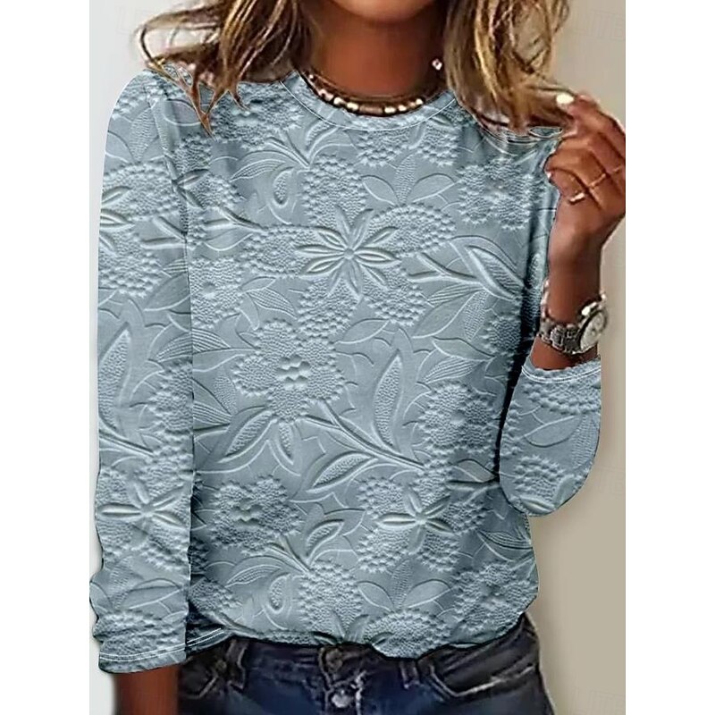 Women's T shirt Crew Neck Long Sleeve Tunic Leopard Striped Casual  Regular Tops Daily Print Silver Sage Green Light Brown Blue Spring Fall2