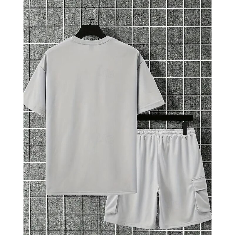 Men's Workout Set Tracksuit T shirt & Shorts Set Outfit Set Crew Neck Outdoor Daily Sports Pocket Drawstring 2 Piece Plain Black Red Green Polyester Activewear Classic Casual Summer4