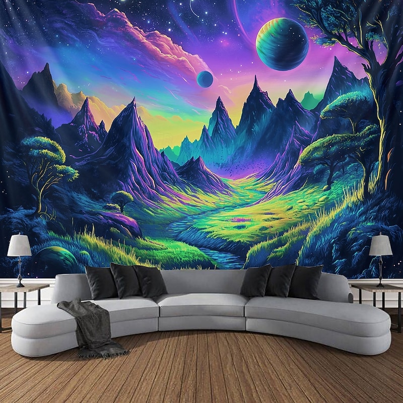 Blacklight Tapestry Glow in the Dark Glow Party UV Reactive Trippy Misty Mountain Nature Landscape Hanging Tapestry Wall Art Mural for Living Room Bedroom3