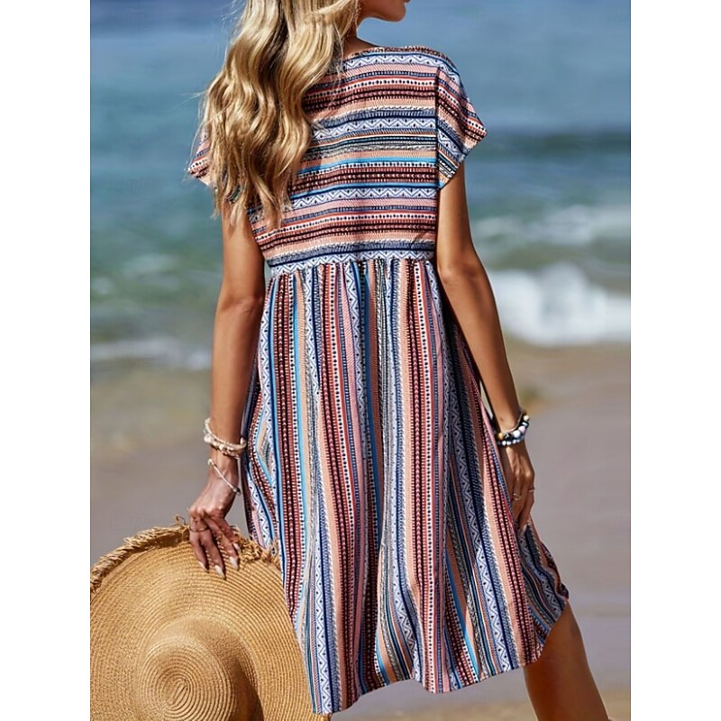Women's Mini Dress Casual Dress A Line Dress Stylish Casual Vacation Daily Regular Fit Stripe Short Sleeve V Neck Blue Summer2