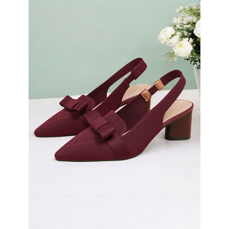 Slingback Heels with Bow Detail, Flyknit Mesh Upper, and Block Heels for Elegant Office Wear and Evening Events