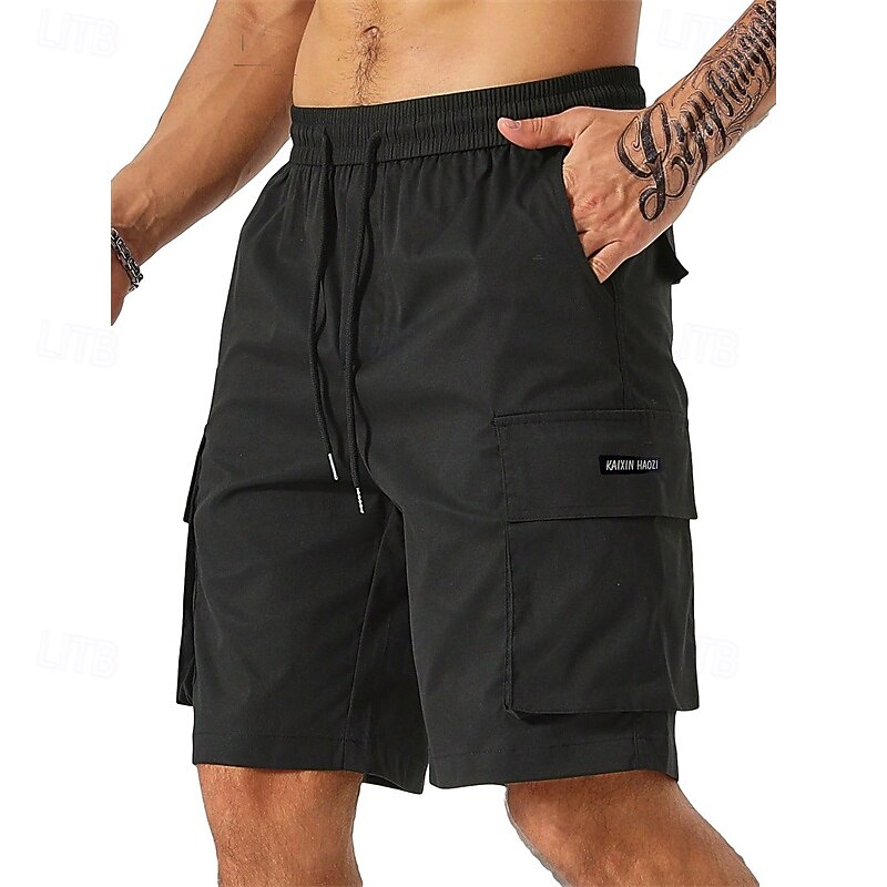Men's Cargo Shorts Shorts Summer Shorts Drawstring Elastic Waist Multi Pocket Plain Comfort Wearable Knee Length Outdoor Sport Daily Fashion Casual Black Light Green2