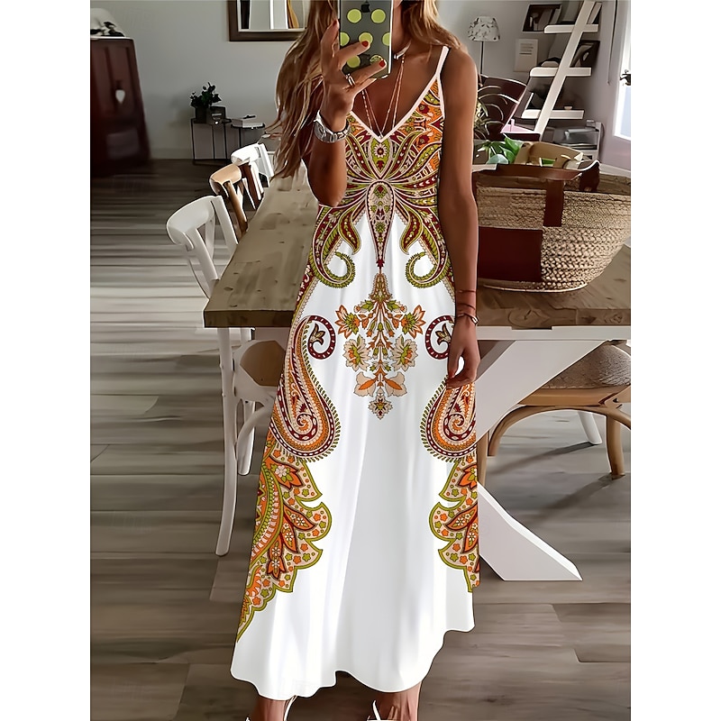 Women's Maxi Dress Casual Dress A Line Dress Slip Dress Vacation Vintage Ethnic Daily Regular Fit Paisley Sleeveless V Neck Yellow Summer Spring Fall