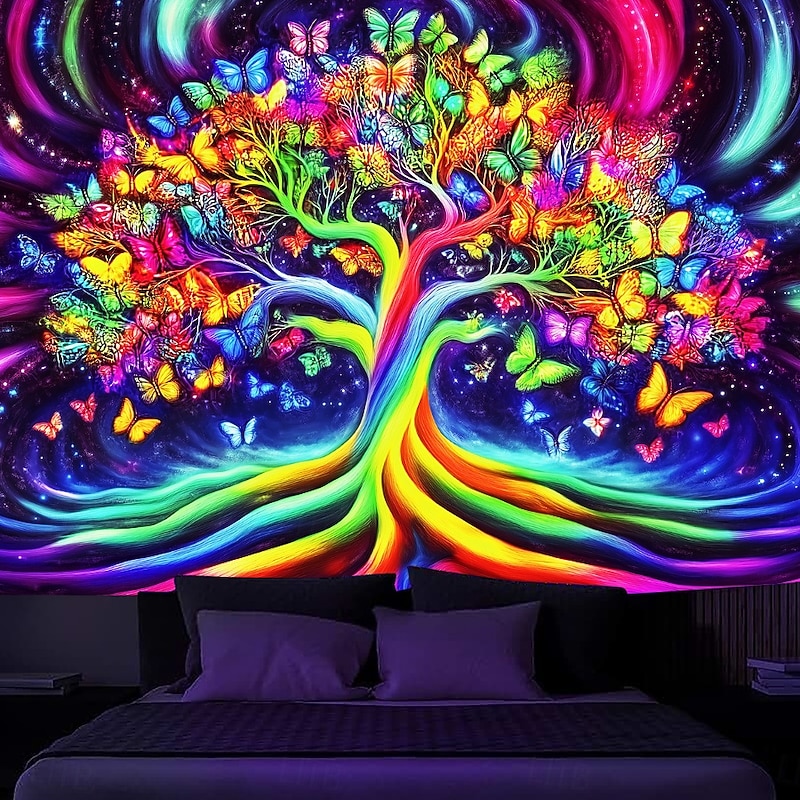 Blacklight Tapestry Glow in the Dark Glow Party UV Reactive Trippy Misty Tree of Life Nature Landscape Hanging Tapestry Wall Art Mural for Living Room Bedroom