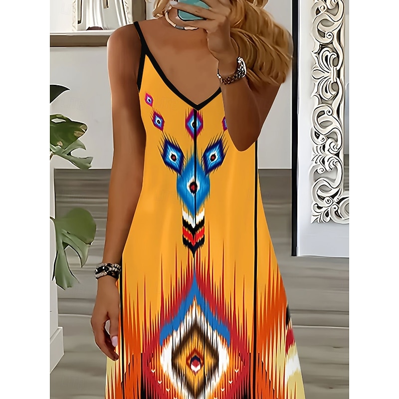Women's Maxi Dress Casual Dress A Line Dress Slip Dress Bohemia Vacation Vintage Vacation Daily Regular Fit Geometric Sleeveless V Neck Orange Summer3
