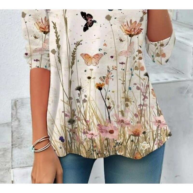 Women's T shirt Crew Neck Long Sleeve Tunic Floral Elegant Vintage  Regular Tops Daily Going out Weekend Print off-white3