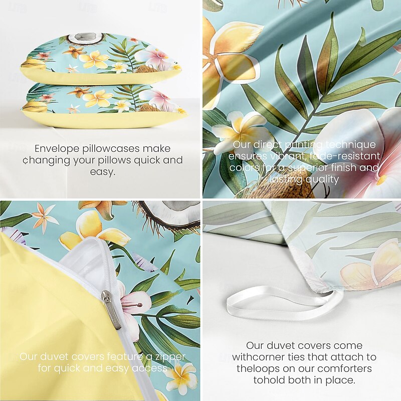 Floral Tropical Series Duvet Cover 3-Piece Set 100% Cotton Super Soft Skin Friendly Long Lasting4