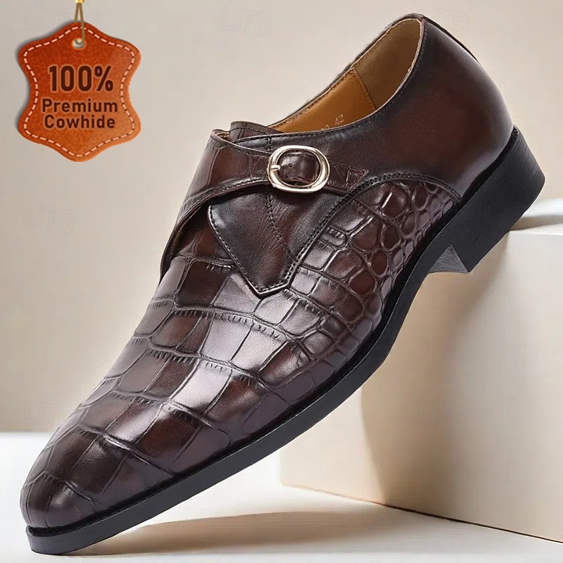 Men's Premium Brown Crocodile Leather Monk Strap Shoes with Buckle Detail, Formal Dress Shoes for Weddings, Business and Special Occasions