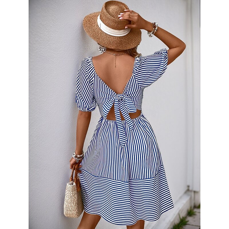 Women's Mini Dress Casual Dress A Line Dress Stylish Casual Vacation Daily Regular Fit Stripe Short Sleeve Square Neck Blue Summer2