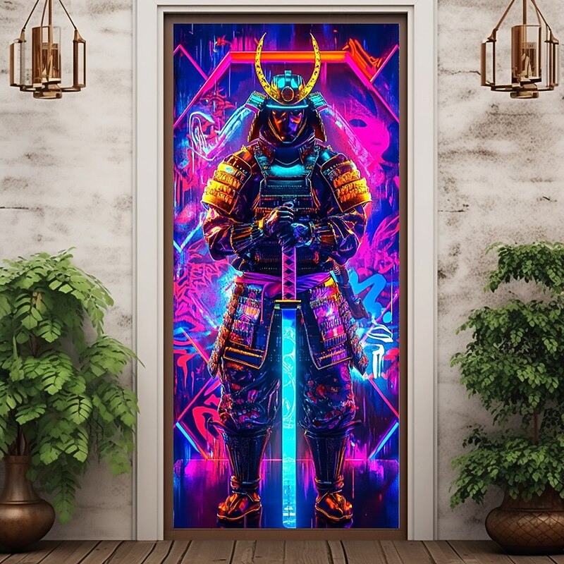 Neon Samurai Door Decorations Door Covers Door Tapestry Door Curtain Decoration Backdrop Indoor/Outdoor Door Banner for Front Door Farmhouse