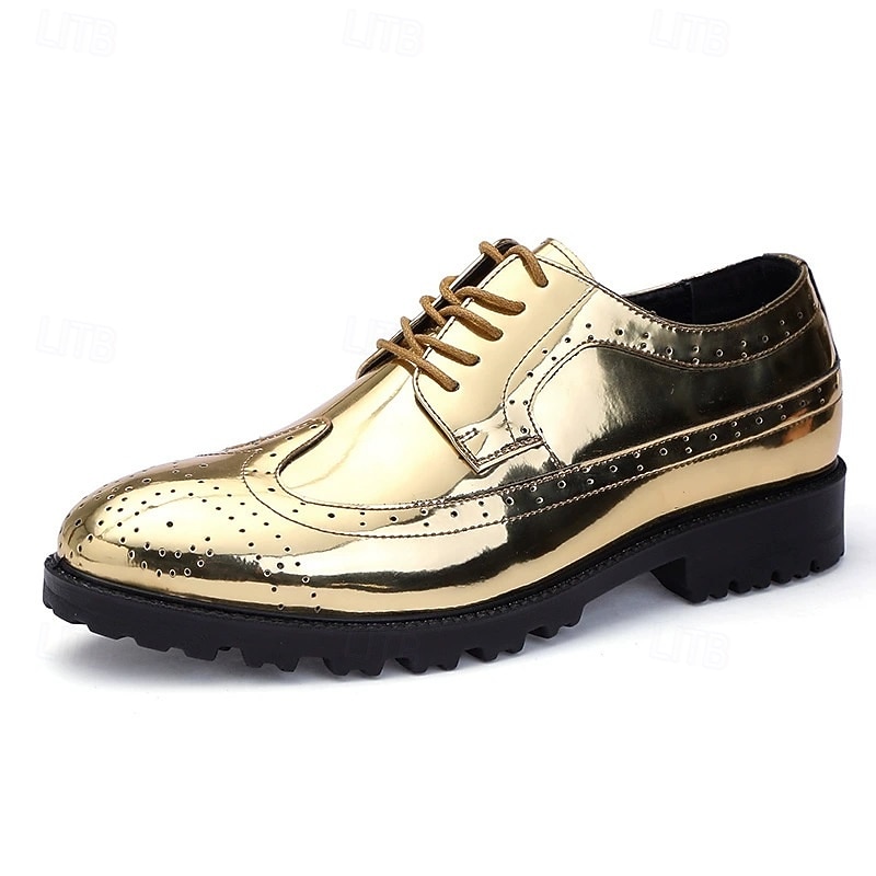 Men's Silver Metallic Oxford Brogue Shoes - Shiny Lace-Up Dress Shoes with Rugged Sole for Formal Events and Parties2