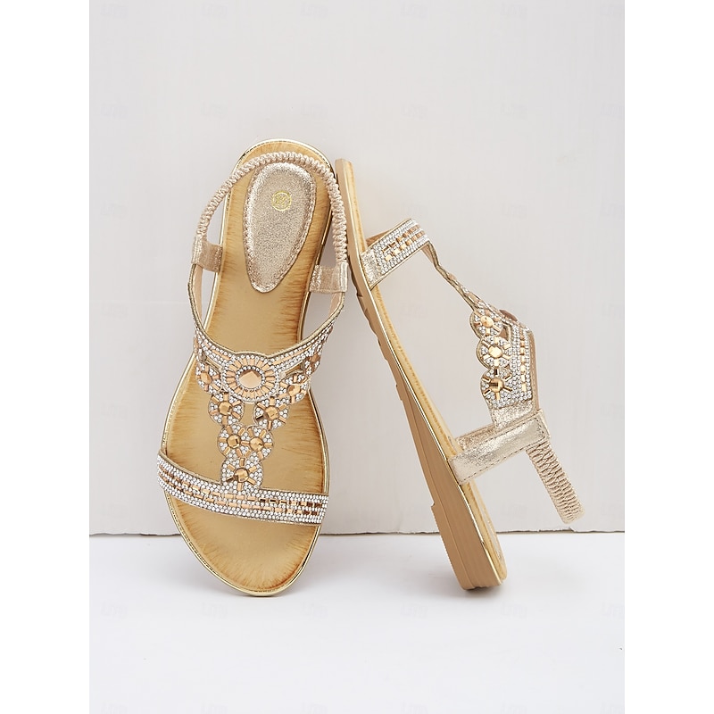 Women's Rhinestone Embellished T-Strap Sandals – Elegant Flat Slingback Sandals for Summer Beach, Wedding & Party Wear4