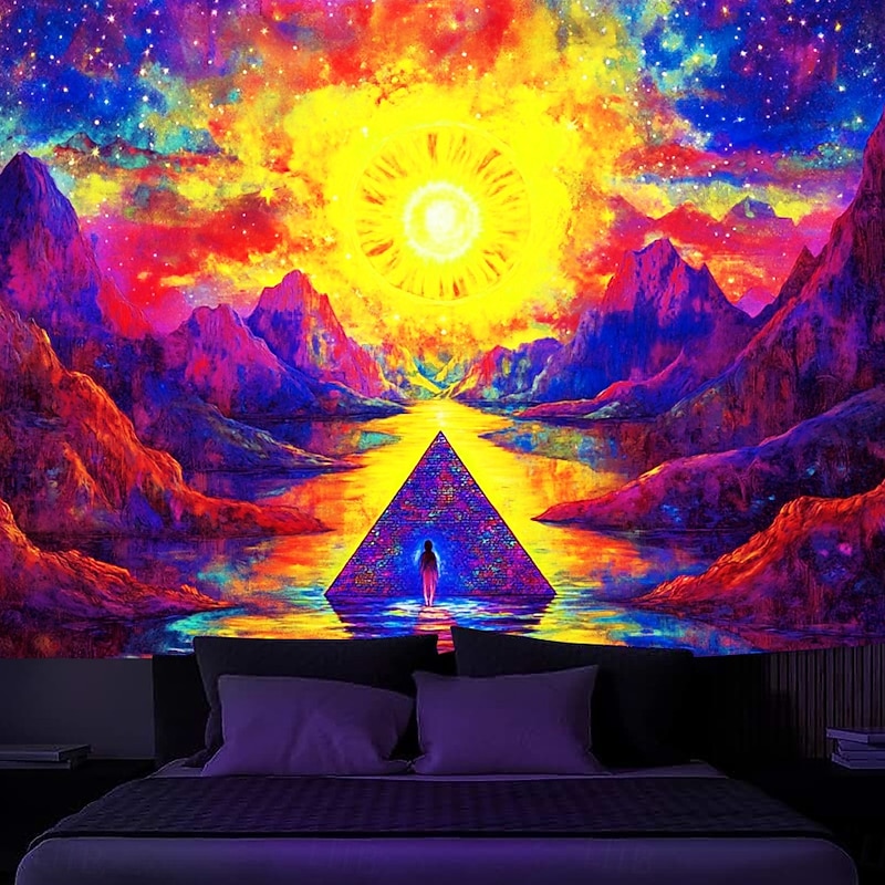 Blacklight Tapestry Glow in the Dark Glow Party UV Reactive Trippy Mountain Misty Nature Landscape Hanging Tapestry Wall Art Mural for Living Room Bedroom4