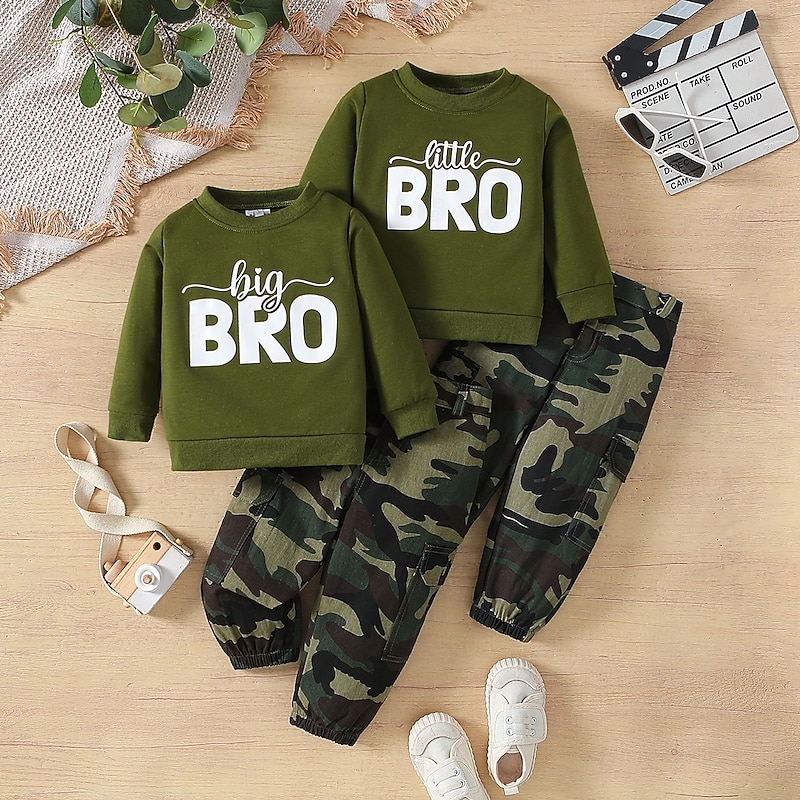 Boys 3D Solid Color Letter Hoodie & Sweatpants Set Long Sleeve Other Prints Spring Fall Fashion Casual Toddler 1-5 Years Crew Neck Outdoor Vacation Loose Fit
