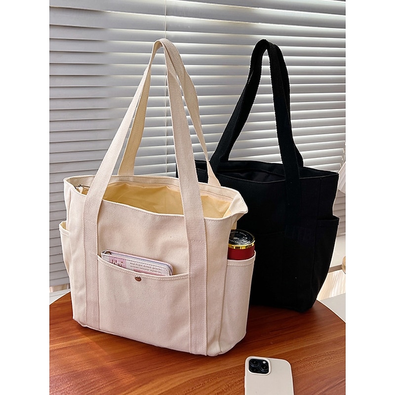 Women's Colorblock Canvas Tote Bag - Large capacity, multiple pockets, casual style, unisex, durable - Great for shopping, travel and daily use Black White Khaki3