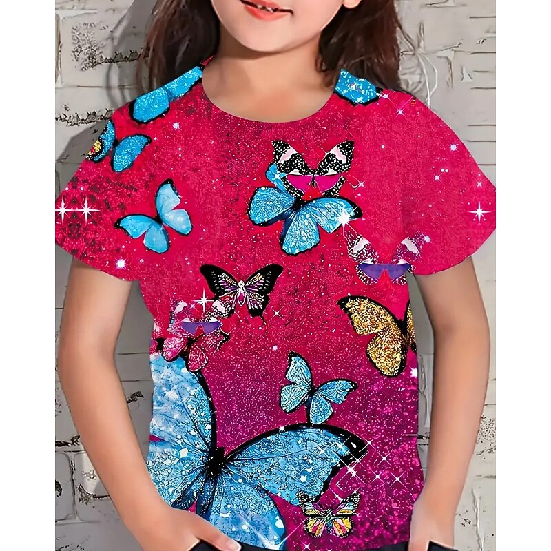 Girls' 3D Graphic Butterfly T shirt Tee Short Sleeve Summer Spring Fashion Basic Kids 4-12 Years Crew Neck Outdoor Casual Daily Regular Fit