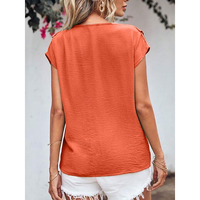 Women's Shirt Blouse Solid Color Elegant Daily Stylish Short Sleeve Batwing Sleeve V Neck Regular Tops Work Daily Evening Party Buttons Orange Green Beige Summer Spring4