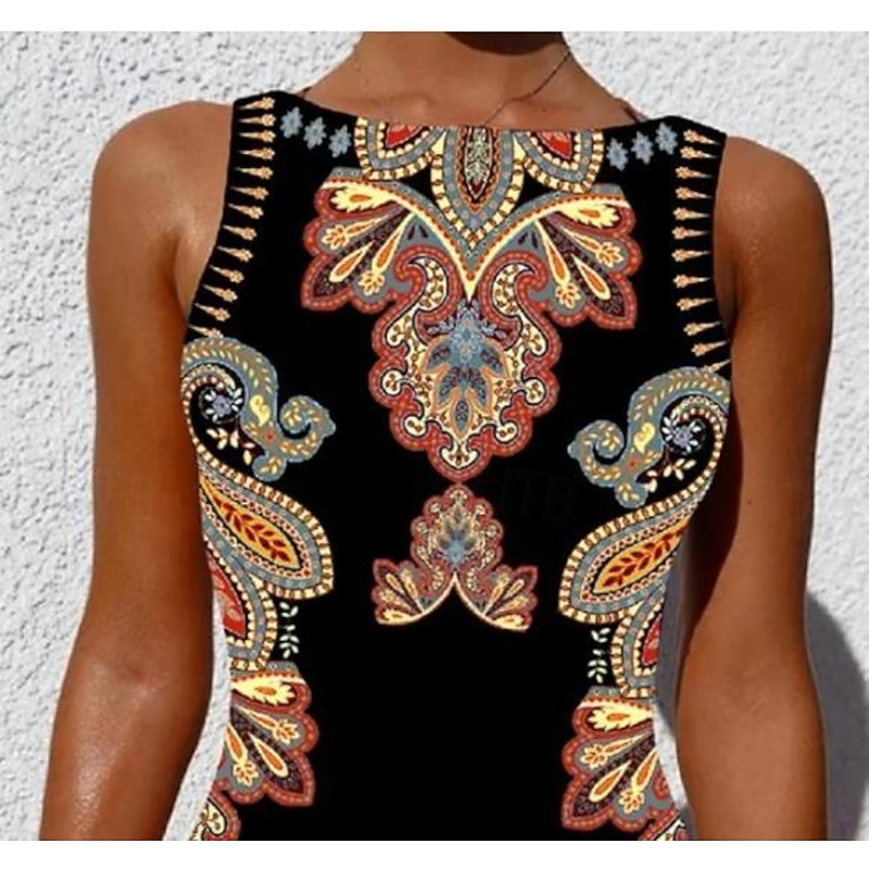 Women's Swimsuits One Piece Monokini Swimsuit Backless Tummy Control High Waist Slim Vacation Beach Wear Geometric Round Neck Sleeveless Bathing Suits2