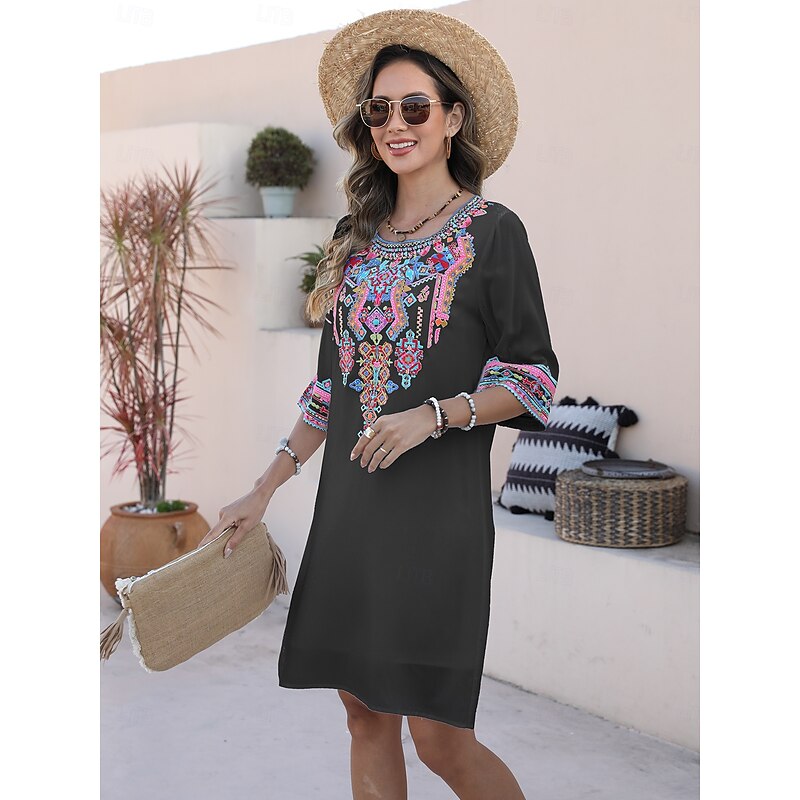 Valentine's Day Women's Normal Mini Dress Boho Chic Dresses A Line Dress Bohemia Stylish Classic Elbow Sleeve Vacation Party Casual Form Fit Floral Plain 3/4 Length Sleeve Crew Neck Black White Summer4
