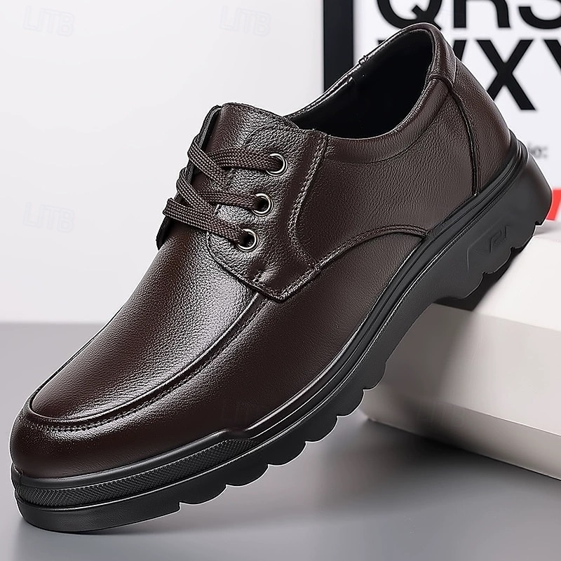 Men's Black Leather Casual Shoes with Lace-up Design, Comfortable, Durable Sole for Daily Wear