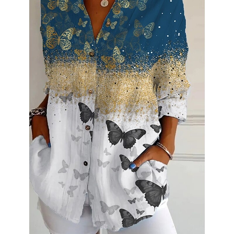 Women's Shirt Button Down Tunic Shirt Collar Long Sleeve Ombre Graphic Butterfly Daily Stylish Retro Vintage 3/4 Length Sleeve Regular Tops Daily Holiday Going out s Blue Spring3