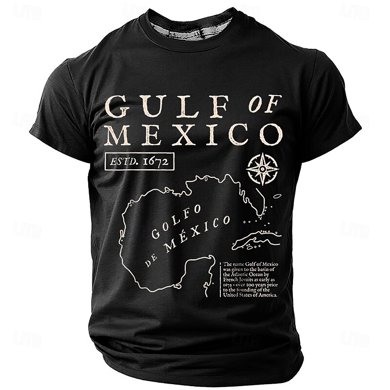 Mens Gulf of Mexico Map T-Shirt - ESTD 1672 Historical Geographic Short Sleeve Graphic Tee