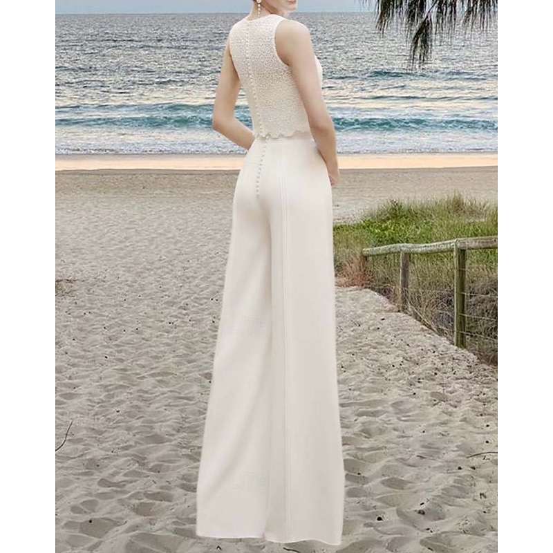 Wedding Dresses Jumpsuits Off Shoulder Sleeveless Floor Length Stretch Fabric Bridal Jumpsuit with Lace Top Solid Color3