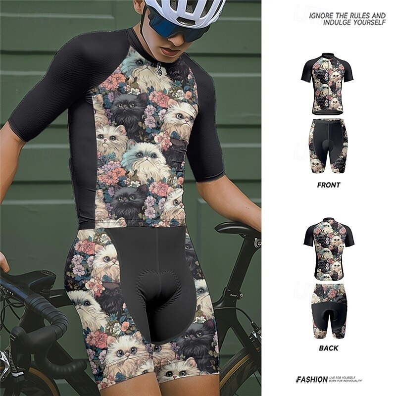 Men's Cycling Jersey with Shorts Cat Floral Botanical Short Sleeve Bike Clothing Suit with 3 Rear Pockets Mountain Bike MTB Road Bike Cycling Front Zipper Sweat wicking Comfortable Breathable Sports4