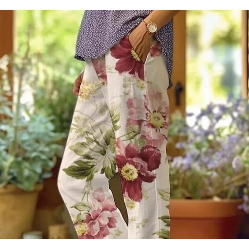 Women's Cotton Linen Pants Baggy Pants Linen Like Active Vintage Fashion Full Length High Waist Floral Graphic Animal Printing Thermal Warm Breathable Soft Micro-elastic Outdoor Daily Rainbow2