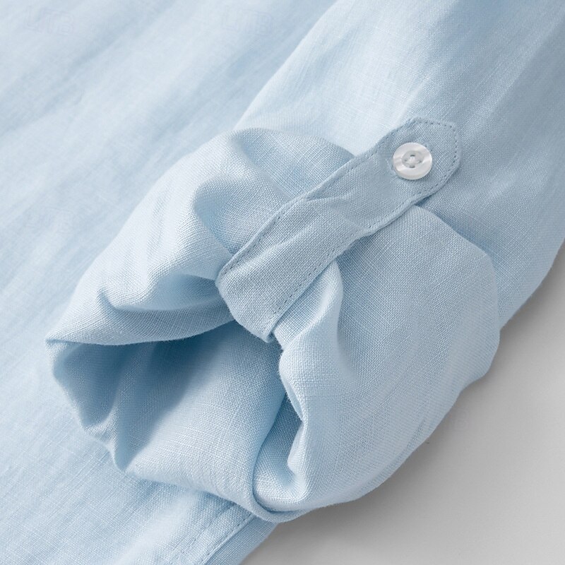 Men's 100% Linen Shirt White Light Grey Light Blue Long Sleeve Solid Color Standing Collar School Formal Buttons Clothing Apparel Elegant Vacation Vintage Neutral3