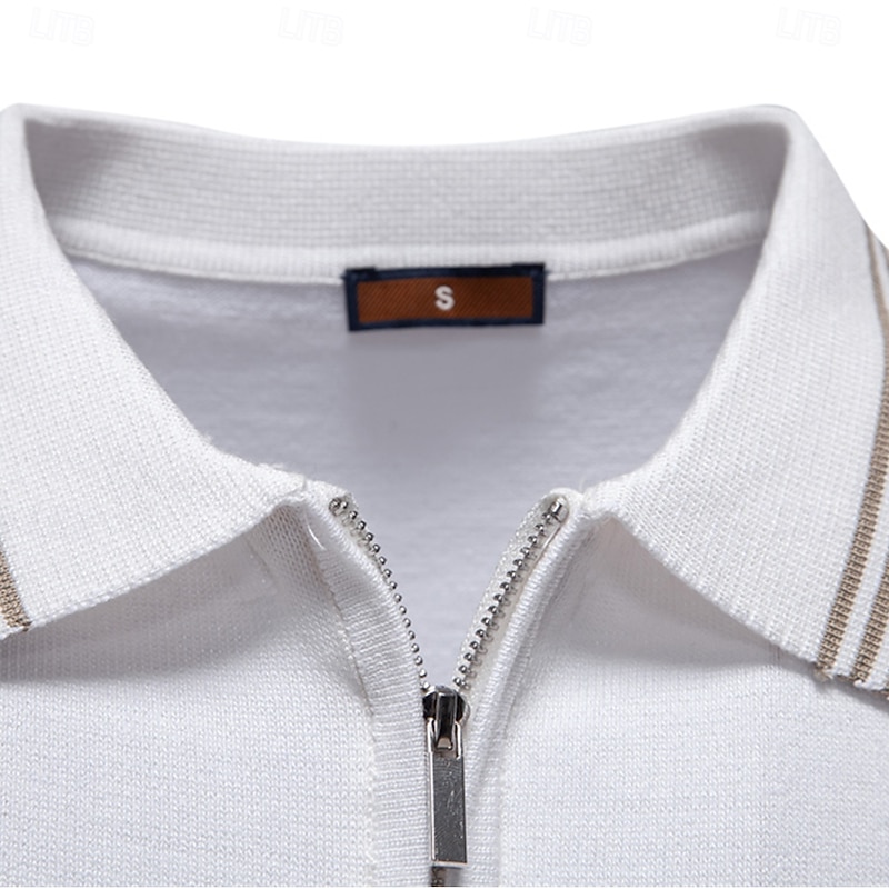 Men's Polo Knit Polo Sweater Formal Work Turndown Quarter Zip Short Sleeve Striped Zip Up Stripe-Trim Spring Black White Khaki Polo3