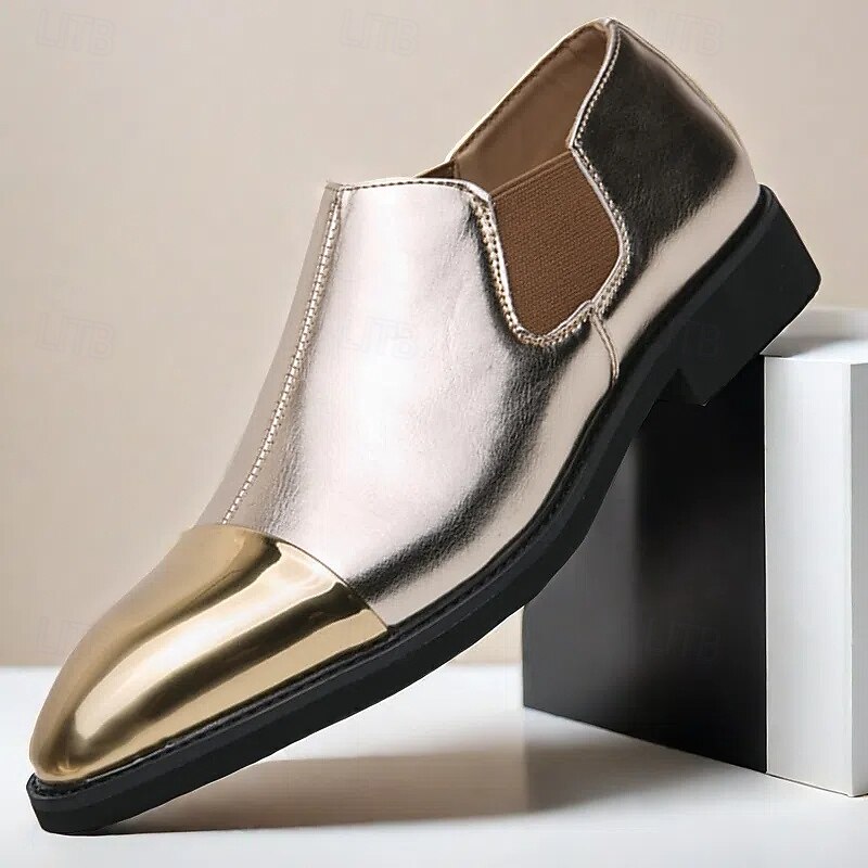 Men's Metallic Gold and Silver Slip-On Shoes with Pointed Toe and Elastic Sides – Stylish Dress Shoes for Formal Occasions