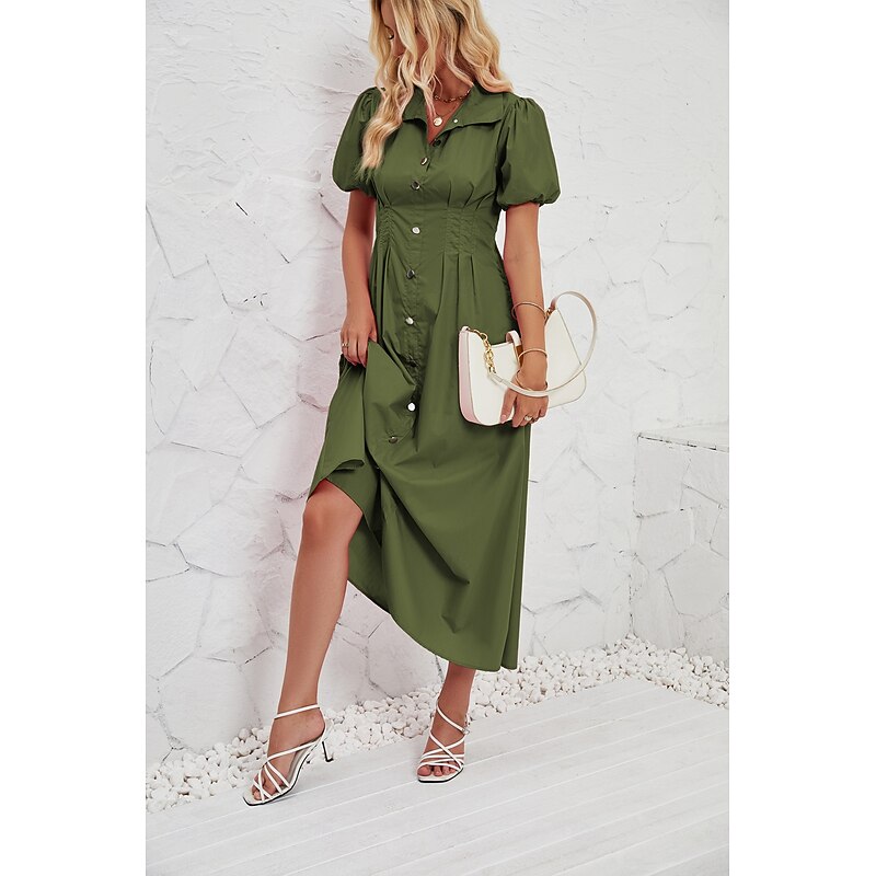 Retro Vintage 1950s Midi Dress Flare Dress Shirt Dress Puff Sleeve Solid Color A-Line V Neck Fancy Dress Women's Masquerade Wedding Vacation Tea Party Adults' Dress2
