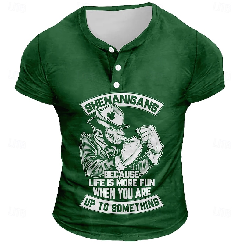 Men's Text Funny T Shirt Henley Shirt Short Sleeve Designer Retro Vintage Street Casual Daily Summer Spring Black Navy Blue Green Gray Henley Henley T-Shirt