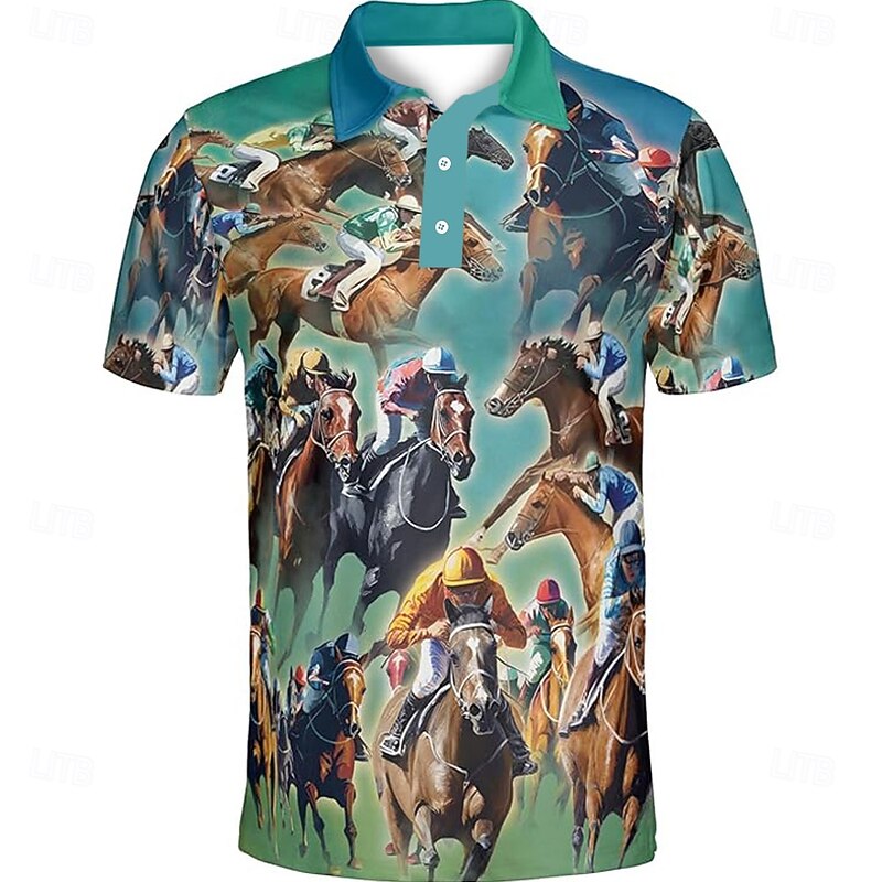 Kentucky Derby Men's Horse Racing Polo Short Sleeve Polo Shirts Collared Shirts Business Casual Outdoor Daily Wear Festival Outfit 3D Print Summer Spring Fall Black Green Gray3