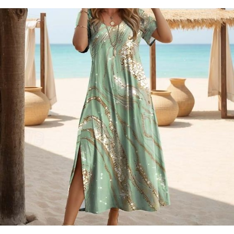 Women's Maxi Dress Casual Dress T Shirt Dress Tee Dress Summer Dress Bohemia Date Regular Fit Geometric Short Sleeve Crew Neck Magenta Teal Summer3