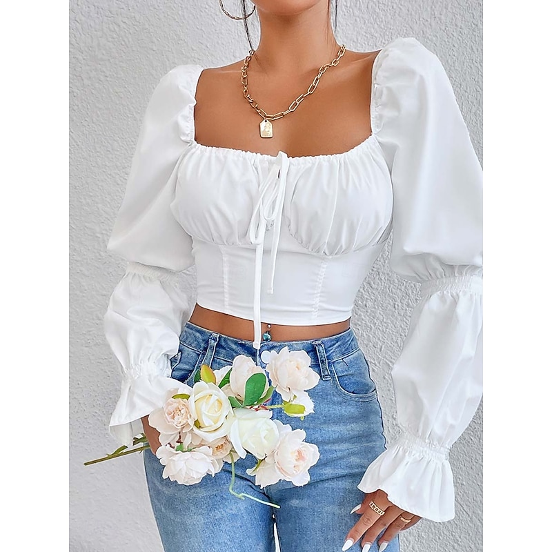 Women's Wrap Crop Top Elegant Long Sleeve U Neck Crop Tops Black White Summer Spring3