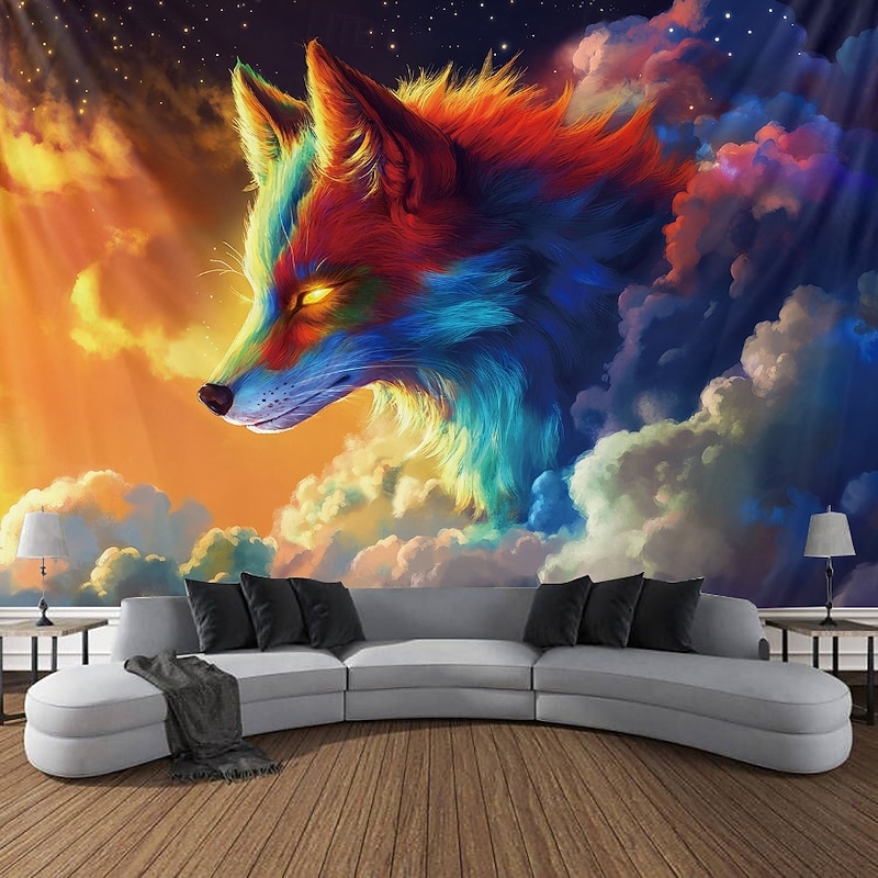 Blacklight Tapestry Glow in the Dark Glow Party UV Reactive Trippy Misty Animal Fox Nature Landscape Hanging Tapestry Wall Art Mural for Living Room Bedroom