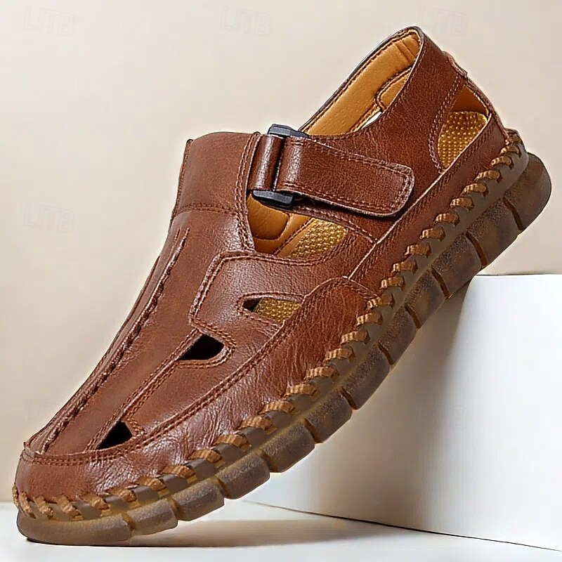 Men's Brown Faux Leather Fisherman Sandals with Velcro Strap, Breathable Design and Comfortable Sole for Summer, Outdoor Activities and Beach Wear