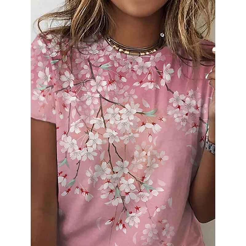 Women's T Shirt Floral Casual Short Sleeve Round Neck Regular Tops Daily Print Pink Blue Summer2