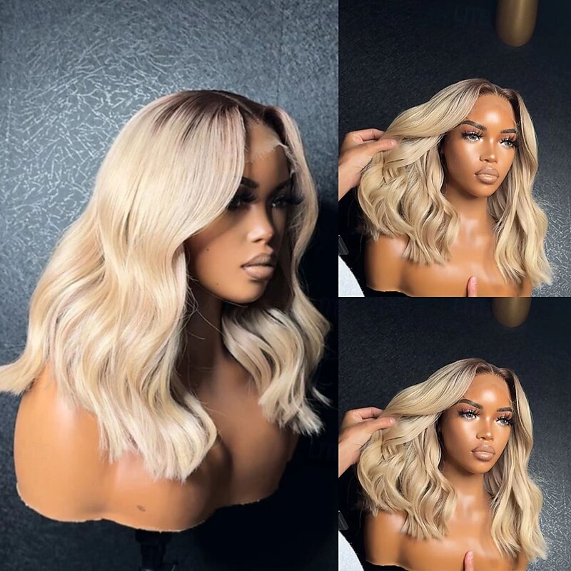 Remy Human Hair 5x5 Closure 13x4 Lace Front Wig Short Bob Peruvian Hair Wavy Blonde Wig 130% 150% Density Ombre Hair 100% Virgin Glueless With Bleached Knots Pre-Plucked For Women Long Human Hair2