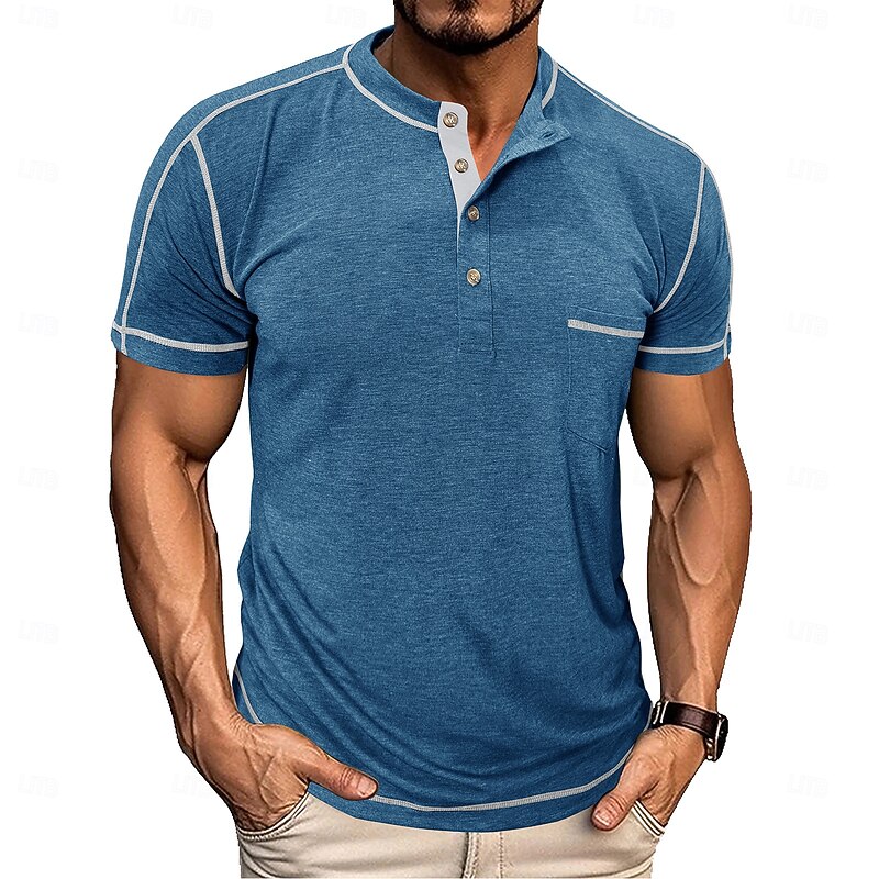 Men's Button T Shirt Henley Shirt Short Sleeve Shirt Tee Top Short Sleeve Henley Summer Solid / Plain Color Fashion Designer Fashion Vacation Street Going out Black Blue Dark Red Top Tee for Men