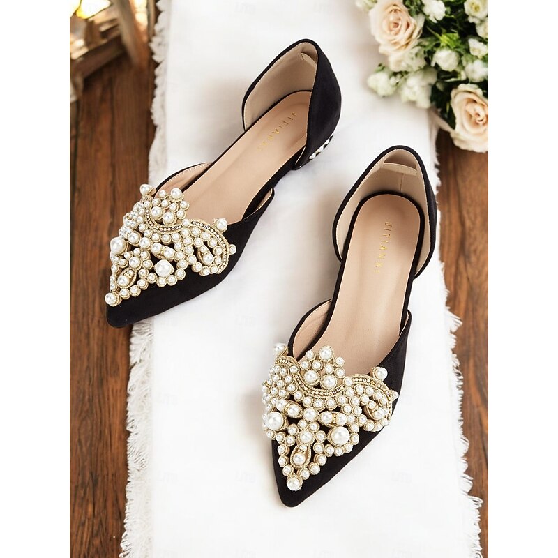Black Satin Pointed Toe Flats for Women with Pearl & Crystal Embellishment – Elegant Bridal Flats for Weddings and Special Events2