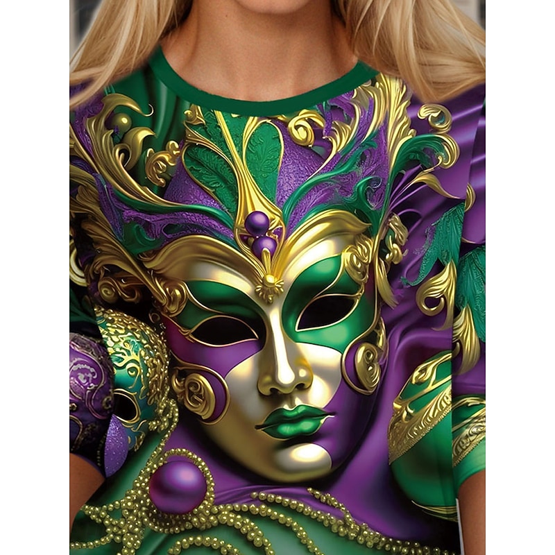 Mardi Gras Women's T shirt Crew Neck Long Sleeve Tunic Graphic Casual  Regular Tops Daily Print Green Spring Fall2
