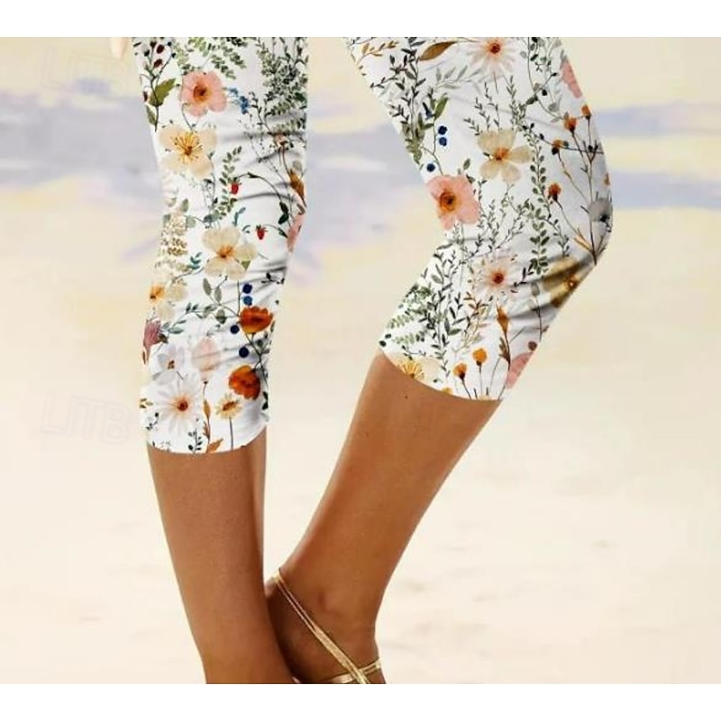 Women's Leggings Capri Pants High Elasticity Fashion Streetwear Full Length Mid Waist Floral Printing Thermal Warm Breathable Soft  Outdoor Daily Beach Buff Black Blue Sky Blue Summer Spring3