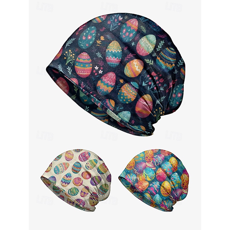 Women's Easter Egg Print Lightweight Breathable Beanie Cap - Can  be worn as a neck gaiter, soft and stretchy fabric, suitable for casual and festive wear, perfect for spring and holiday celebrations