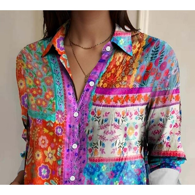 Women's Shirt Button Down Tunic Shirt Collar Long Sleeve Floral Bohemia Tropical Casual Regular Tops Daily Holiday Going out s Print Rainbow Spring2